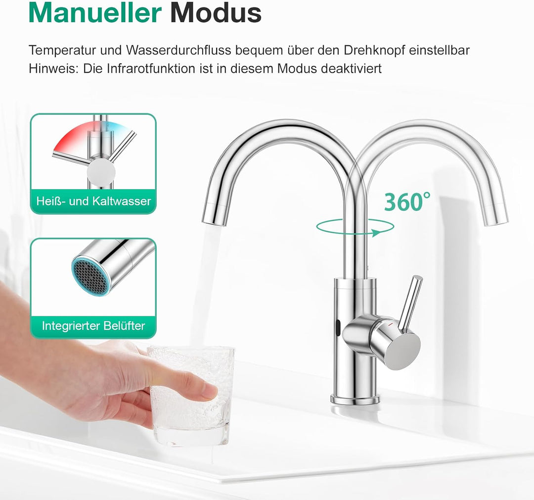 CREA Infrarot Wasserhahn 360° drehbar mit Automatischer Sensor Berührungslose, Einhebelmischer Armat