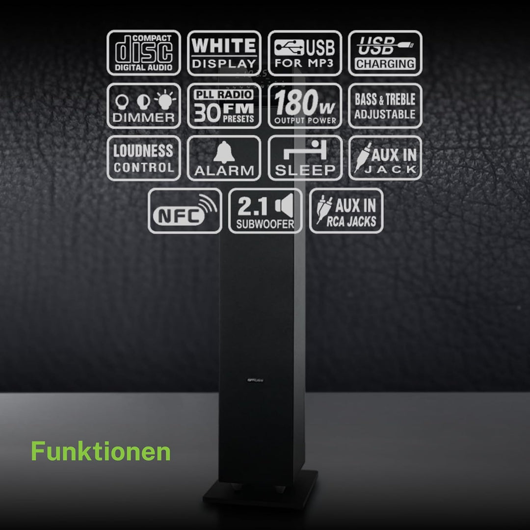 MUSE M-1350 BTC Bluetooth Lautsprecher Tower mit integriertem Subwoofer (CD/MP3-Player, FM PLL Radio