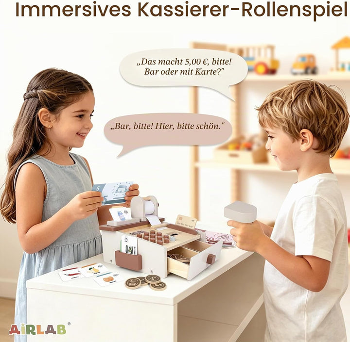 Airlab Kaufladen Zubehör Holz Kasse Spielzeug, Holzspielzeug Kasse Kinder, Kinderkasse mit Scanner S