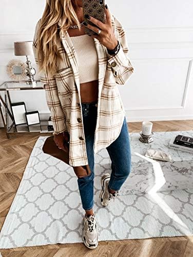 HVEPUO Damen Hemdjacke Karierte Shacket Langarm Hemd Bluse Mantel Flanell Jacke A-braun XXL, A-braun