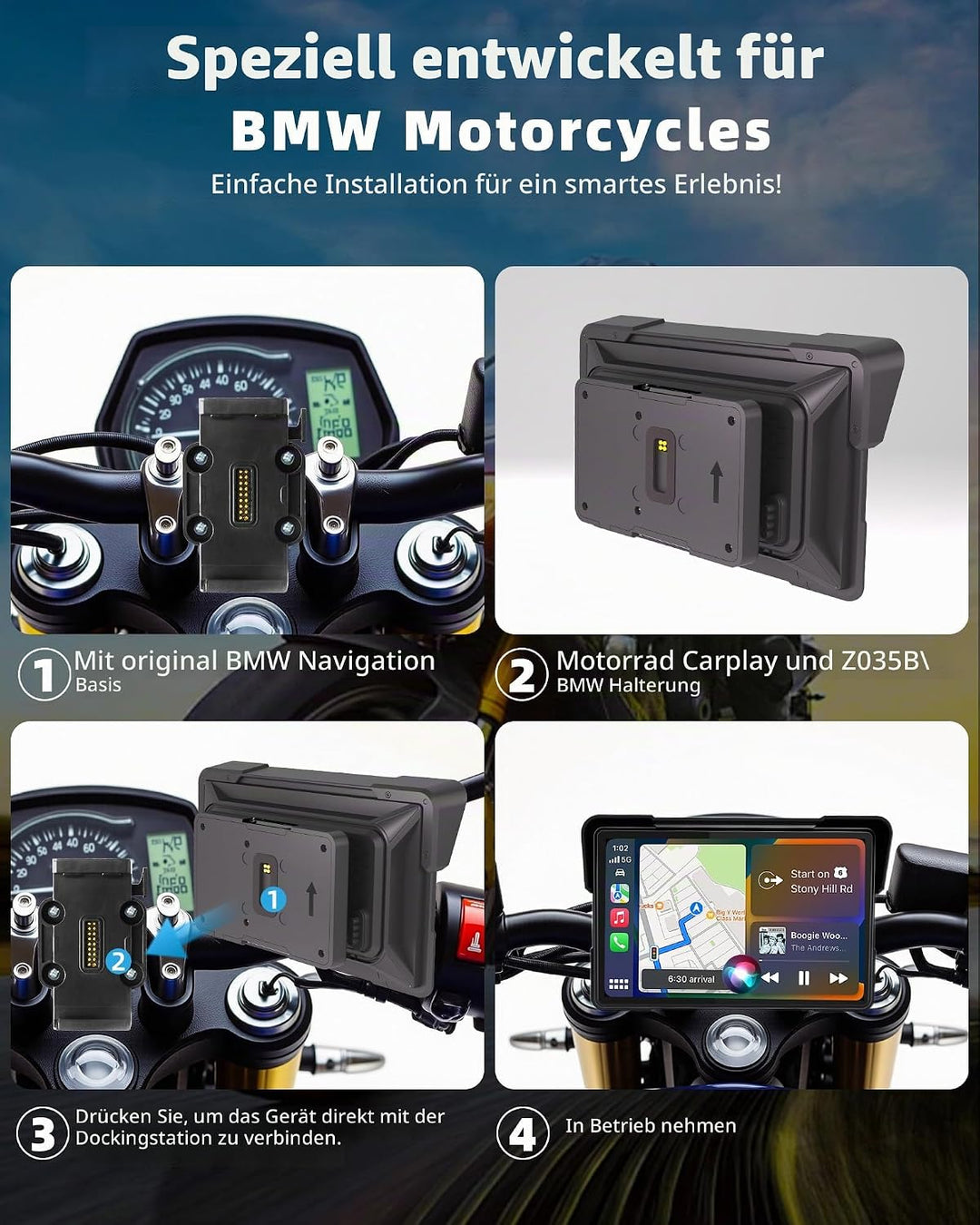 Plug-and-Play Carplay Bildschirm für BMW Motorrad 7 Zoll Motorrad Display mit Wireless CarPlay &amp; And