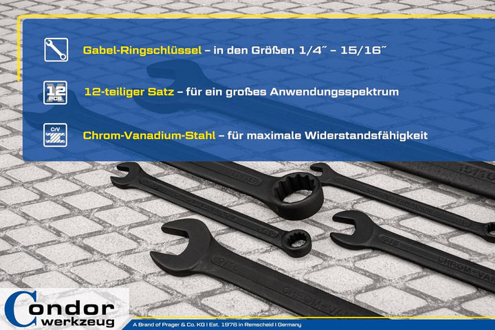 CONDOR Werkzeug 55040 | Gabel-Ringschlüssel-Satz | 12-tlg. | zöllig | 1/4" - 15/16" | Chrom-Vanadium