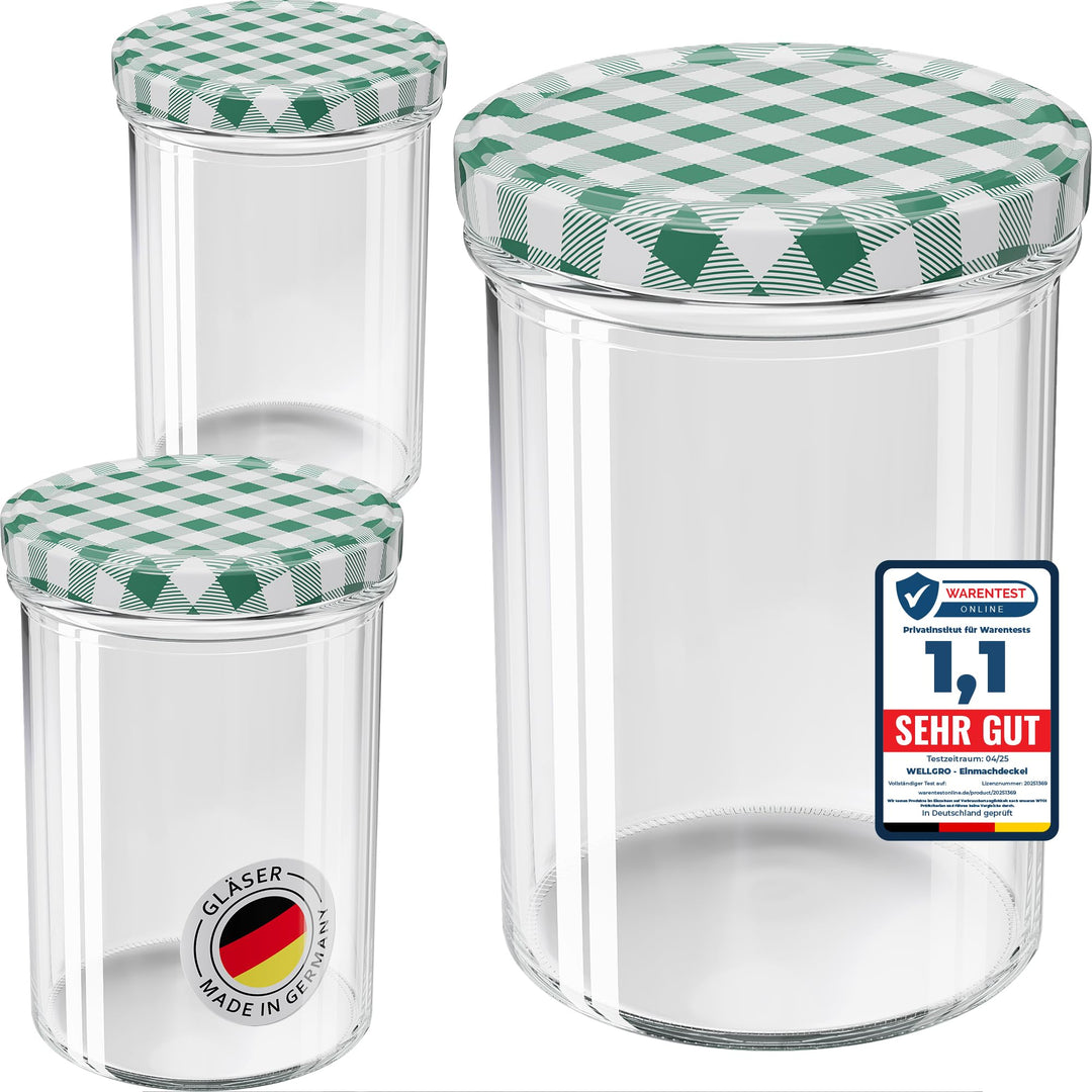 WELLGRO 12x Einmachgläser mit Schraubdeckel - 435 ml, 8,5 x 12 cm (ØxH), Glas/Metall, grün karierte