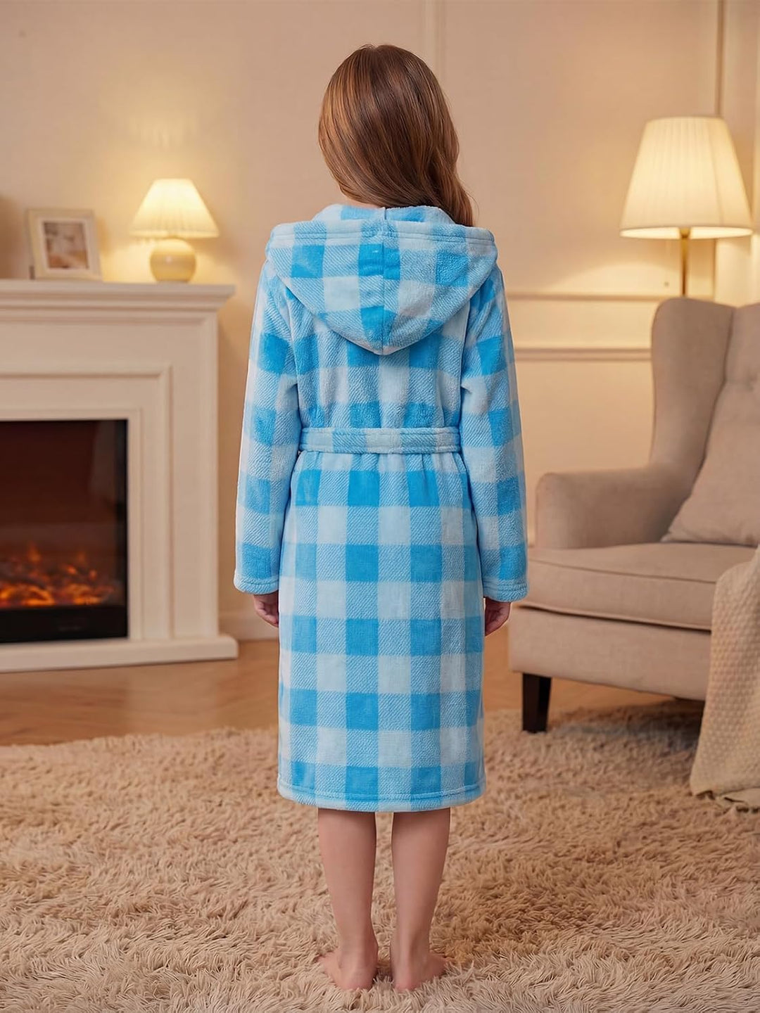 JiAmy Kapuzen Bademantel für Mädchen Flauschiger Fleece Plüsch Langer Schlafmantel Kinder Blau 10-12