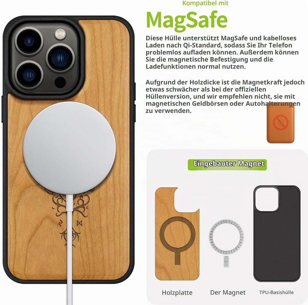 Carveit Holz Cover für iPhone 15 Pro hülle, Kompatibel mit Magsafe Silikon Stossfeste Cover, Magneti