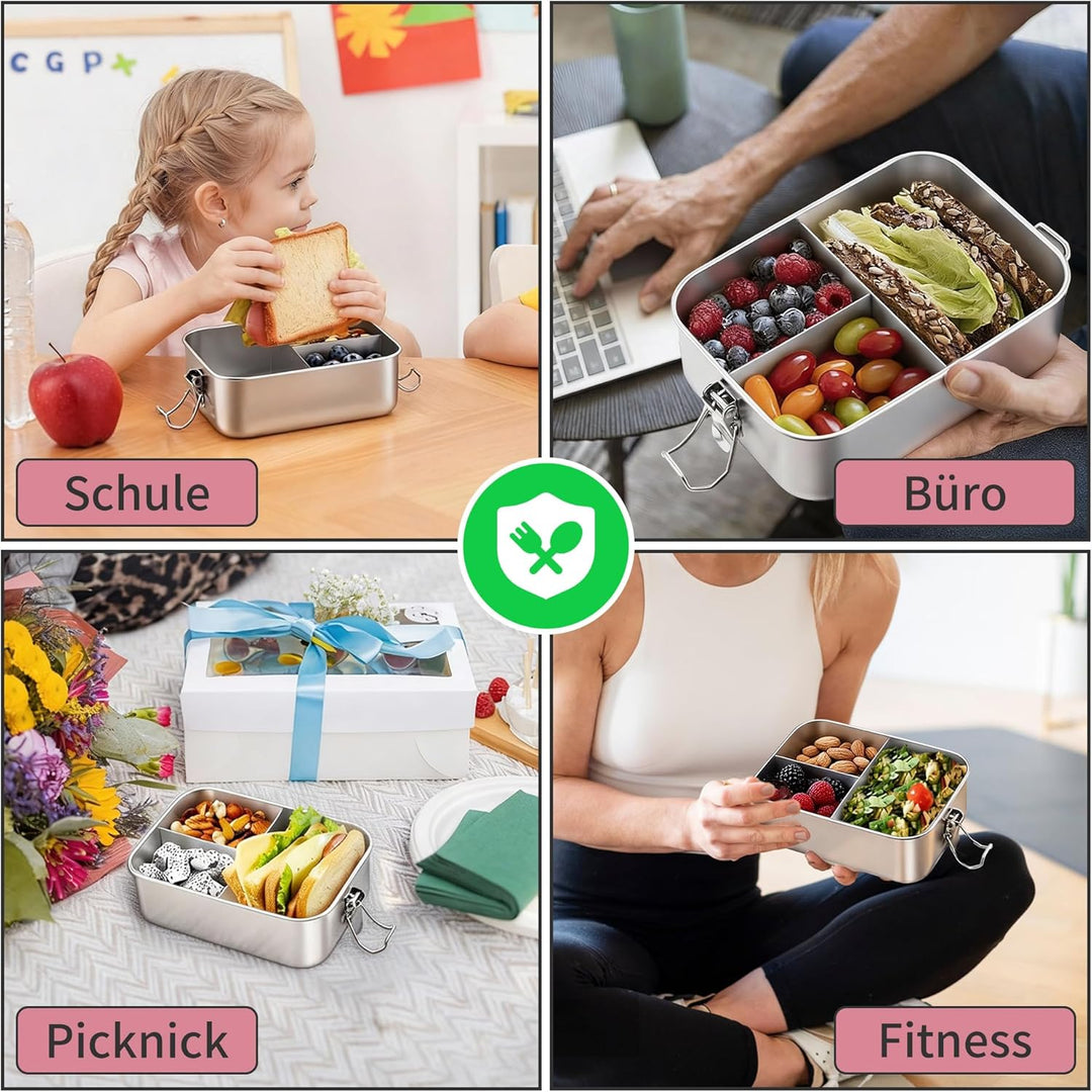 Onader Edelstahl Brotdose mit Fächern 2er Set, 1400ml Bento Box Lunchbox mit Abnehmbar Trennwand, Me