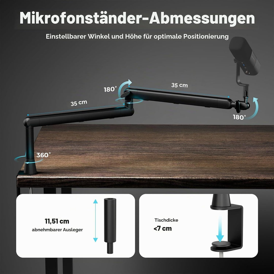 NearStream Mikrofonständer mit 360° drehbarem Schwenkarm, optionale Erhöhung und 3/8 bis 5/8 Adapter