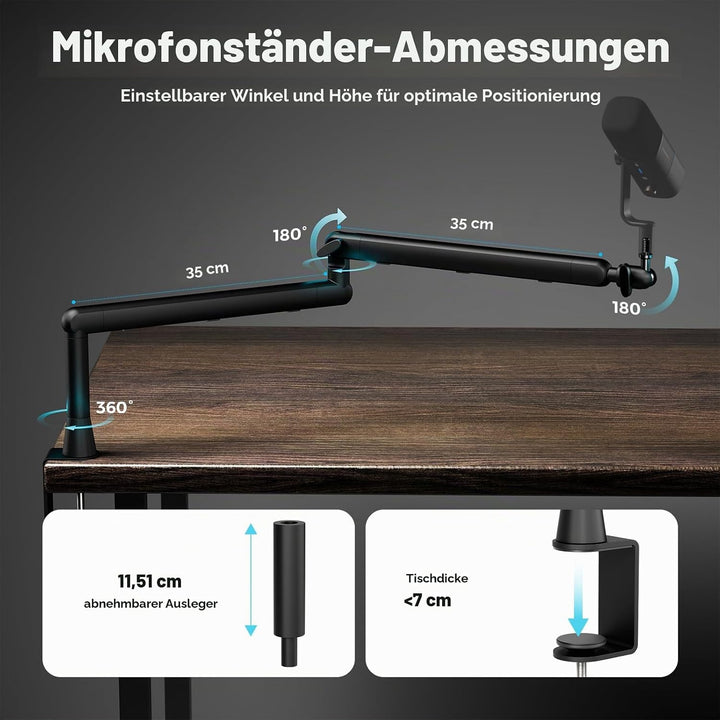 NearStream Mikrofonständer mit 360° drehbarem Schwenkarm, optionale Erhöhung und 3/8 bis 5/8 Adapter