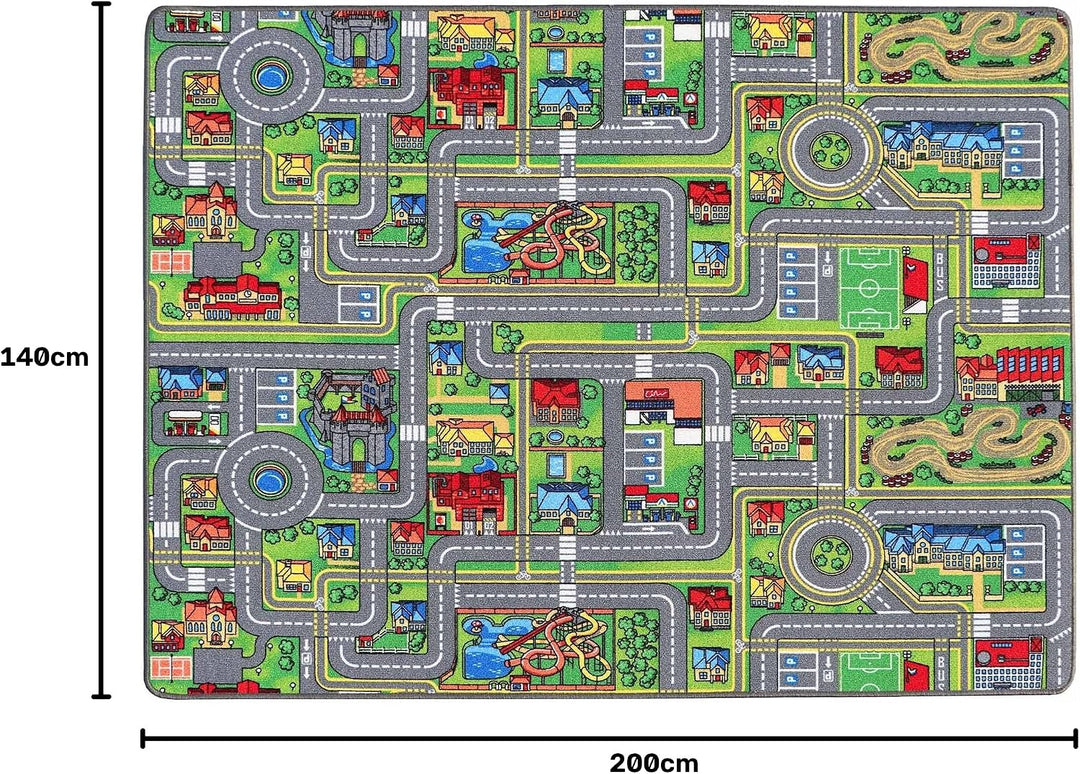Primaflor Spielteppich mit Strassen &amp; Kreisverkehr – Spielteppich für Kinder 140x200 cm – pflegeleic
