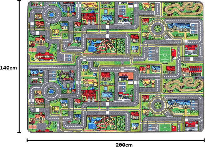 Primaflor Spielteppich mit Strassen &amp; Kreisverkehr – Spielteppich für Kinder 140x200 cm – pflegeleic