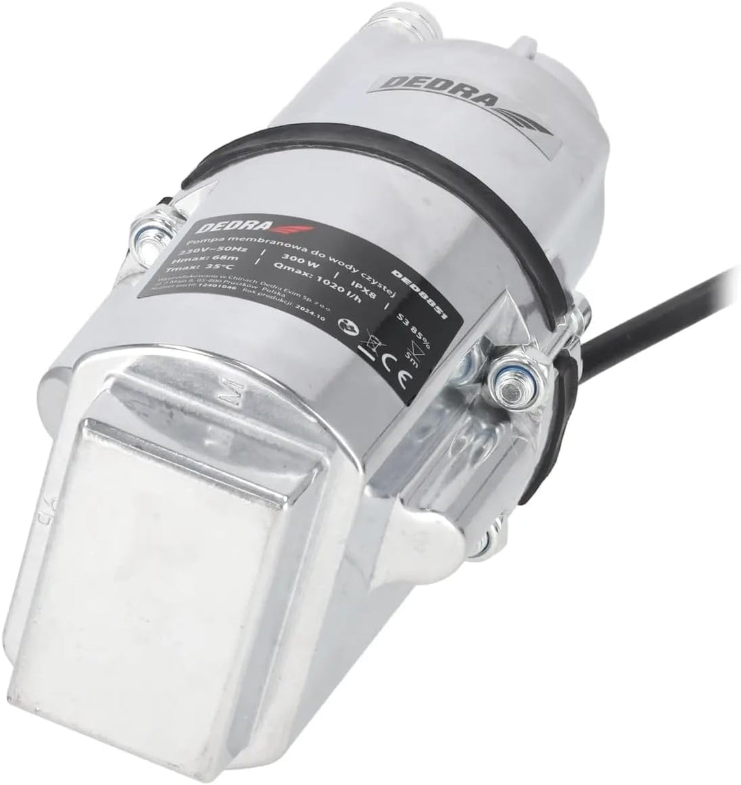 DEDRA Membranpumpe für sauberes Wasser, Tauchmembranpumpe Garden 300W, Förderhöhe 68 m, Netzkabel 10