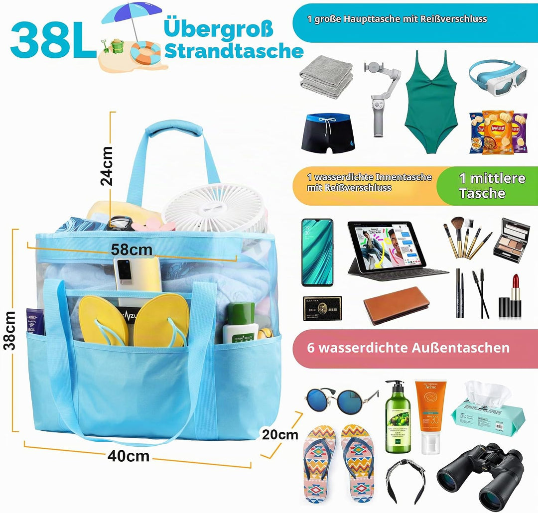 Mesh Strandtasche XXL Familie mit Reissverschluss, Gross Faltbar Sandkontrolle Ultraleicht Badetasch