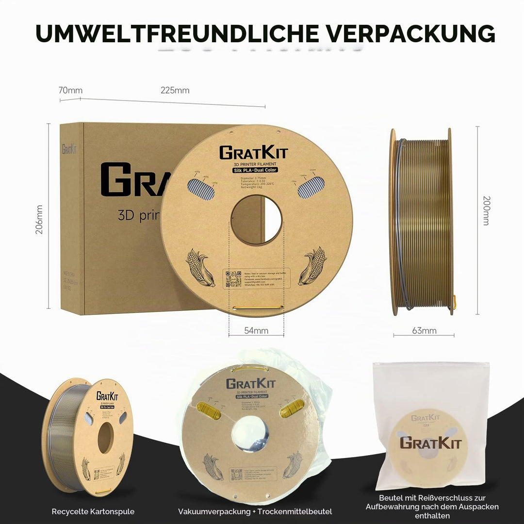 GratKit Dual Color Silk PLA Filament 1,75mm 1kg Spule, Zweifarbiges 3D-Drucker Filament mit +/-0,03m