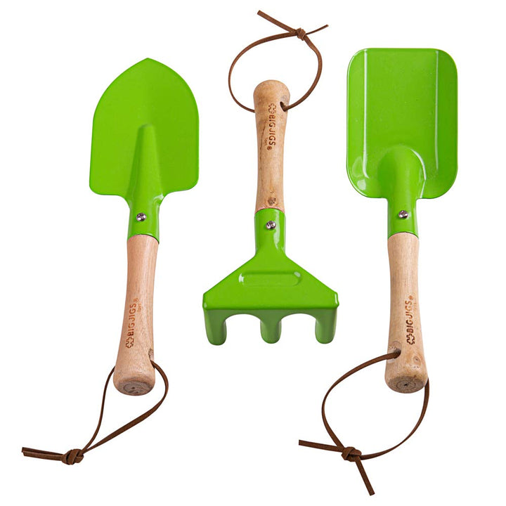 Bigjigs Toys Kids Gardening Tools Set - 3pc Metal Garden Tools Toy Set with Hand Fork, Trowel and Ra