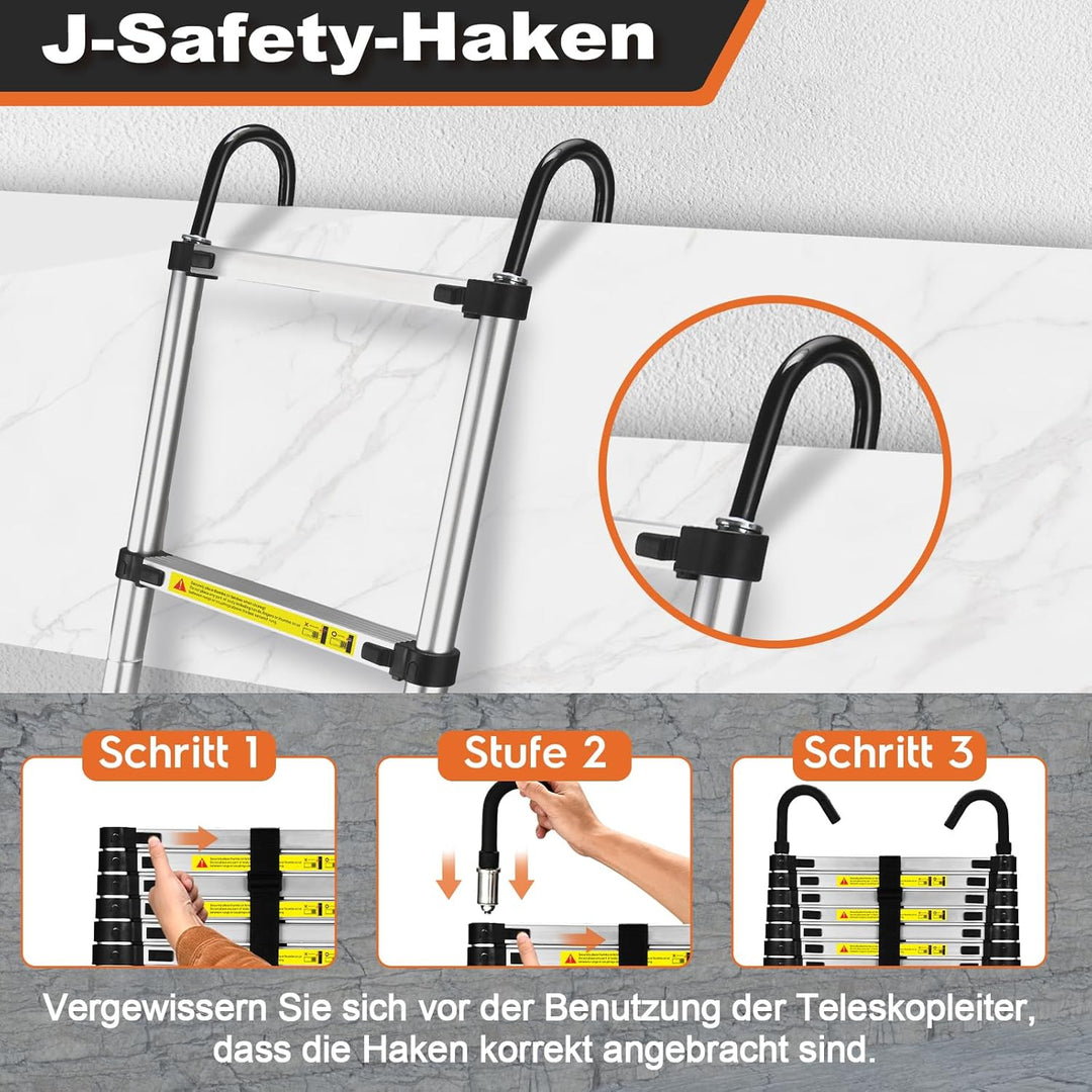 6,3mTeleskopleiter mit Haken, HBTower Leichte Ausziehleiter, Leiter Ausziehbar, klappbare Leiter für