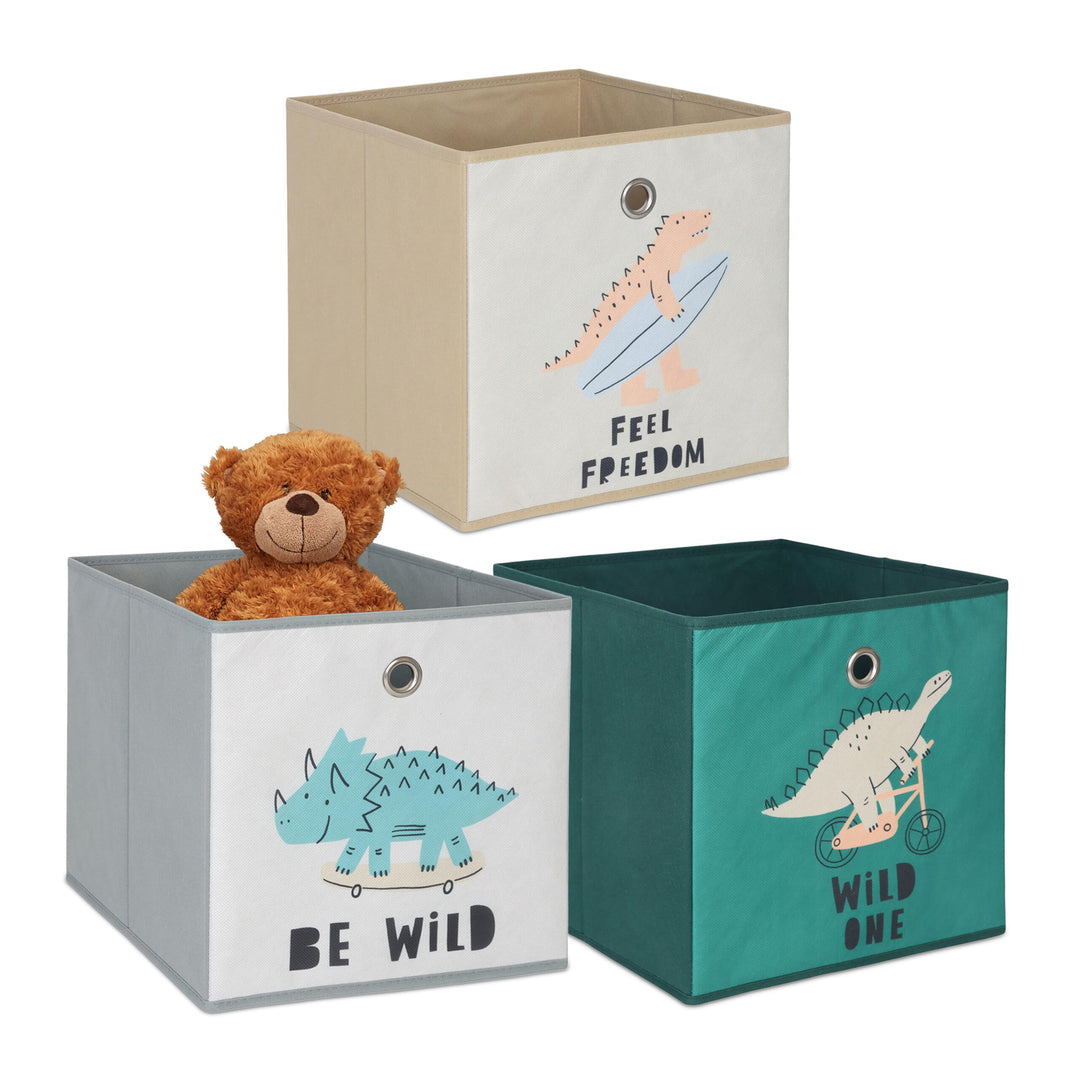 Relaxdays 3er Set, Kinder Aufbewahrungsboxen, süsse Dino-Motive, Faltbox für Würfelregale, HBT: 30x3