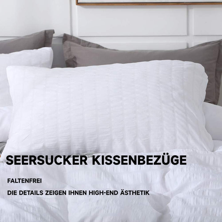 Boqingzhu Seersucker Bettwäsche Weiss 200x200cm 3 Teilig Uni Sommer Atmungsaktiv Kühlende Wende Bett