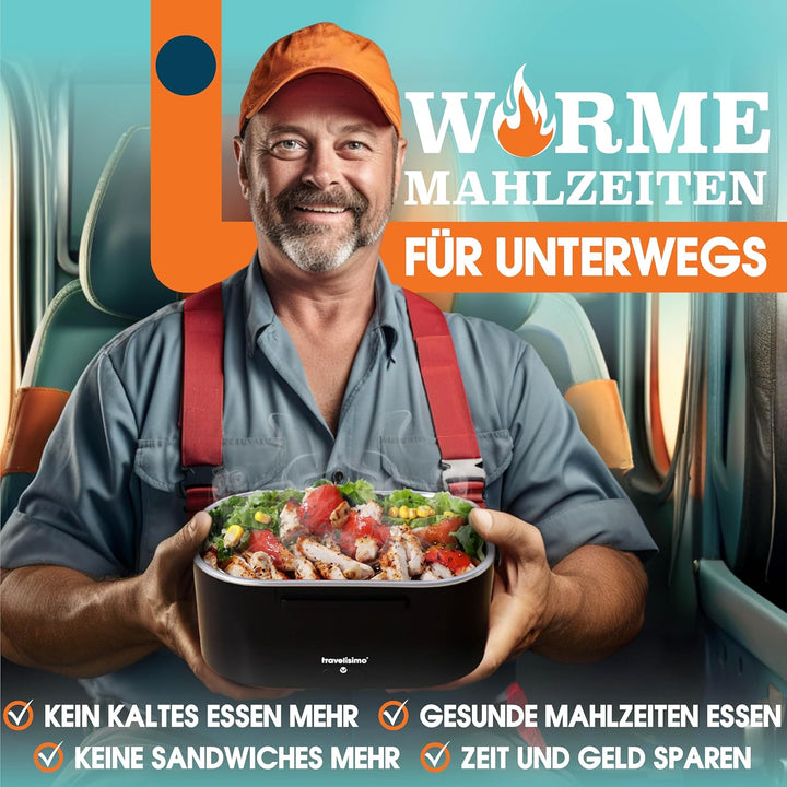 TRAVELISIMO Elektrische Lunchbox 3-in-1 für Auto LKW und Arbeit, 12V+24V+220V, erhitzt Lebensmittel