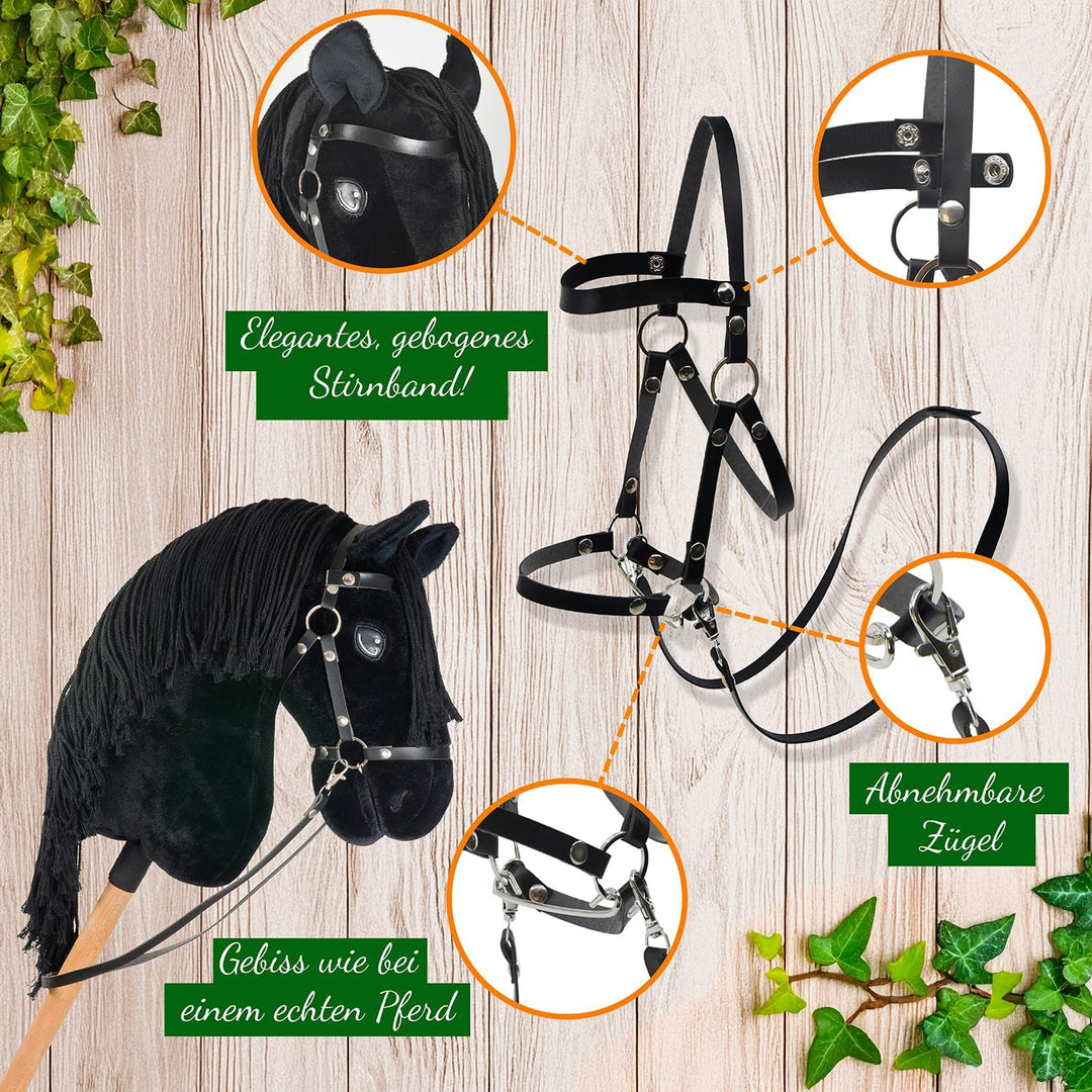Hobby Horse Friese Schwarz A3 – Steckenpferd Komplettset mit Zaumzeug, Zügeln, Gebiss &amp; weisser Flie
