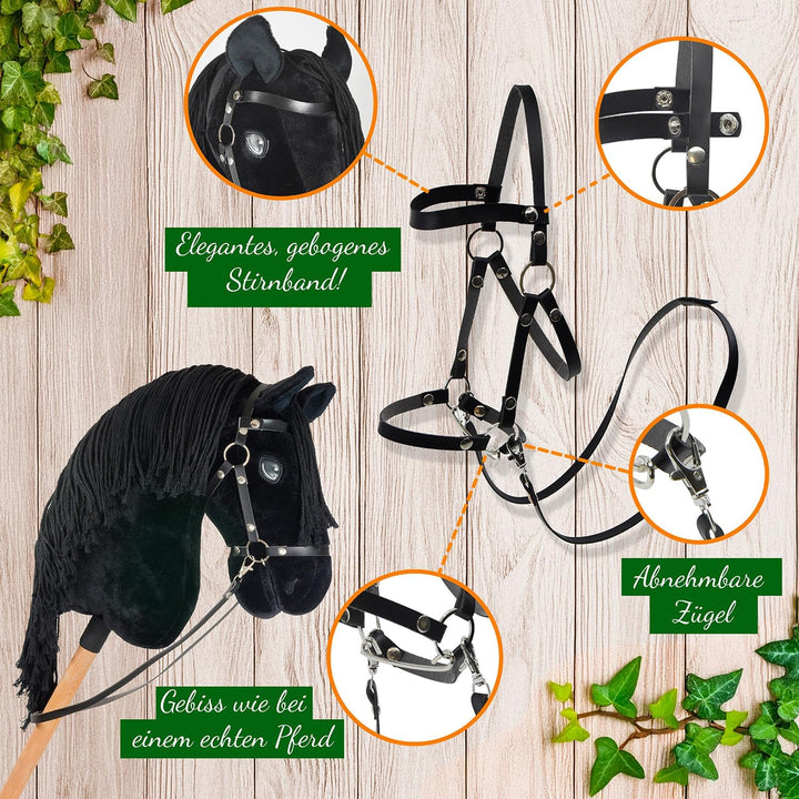 Hobby Horse Friese Schwarz A3 – Steckenpferd Komplettset mit Zaumzeug, Zügeln, Gebiss &amp; weisser Flie