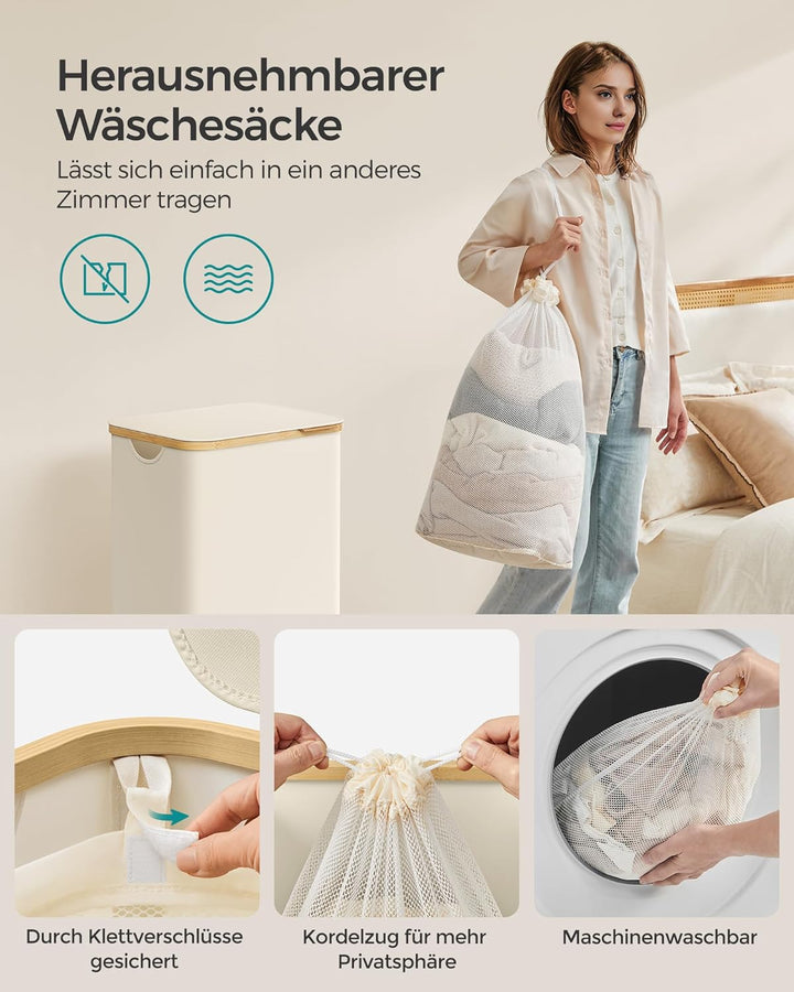 SONGMICS Wäschekorb mit Deckel, Wäschesammler 90 L, herausnehmbarer Wäschesack, Oxford-Gewebe, Griff
