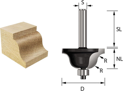 ENT 14960 Römischer Profilfräser HW, Schaft (S) 8 mm, Durchmesser (D) 27 mm, NL 11,9 mm, R 4 mm, SL