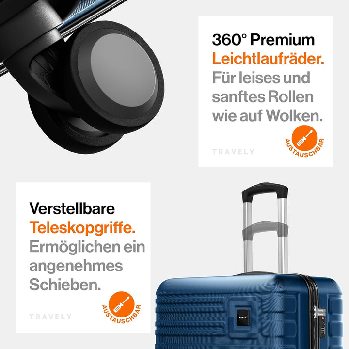 Travely Premium Koffer Set: 28", 24" & Handgepäck Koffer in einem Set. Mehr als 250L Volumen zusamme