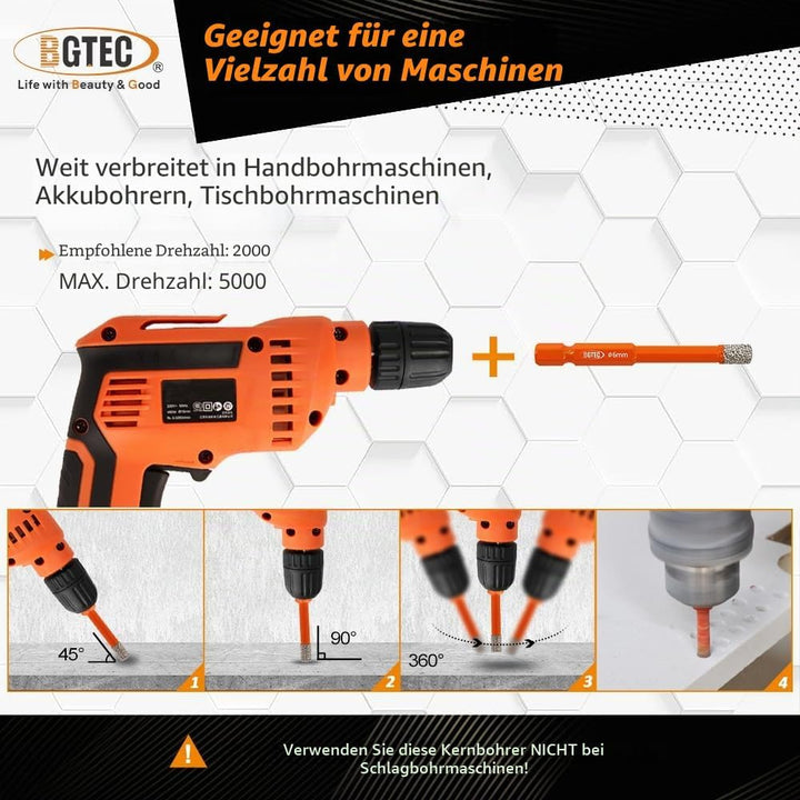 BGTEC Trockene Diamantbohrer mit Schnellwechsel-Sechskantschaft für Porzellanfliesen Keramikmarmorst
