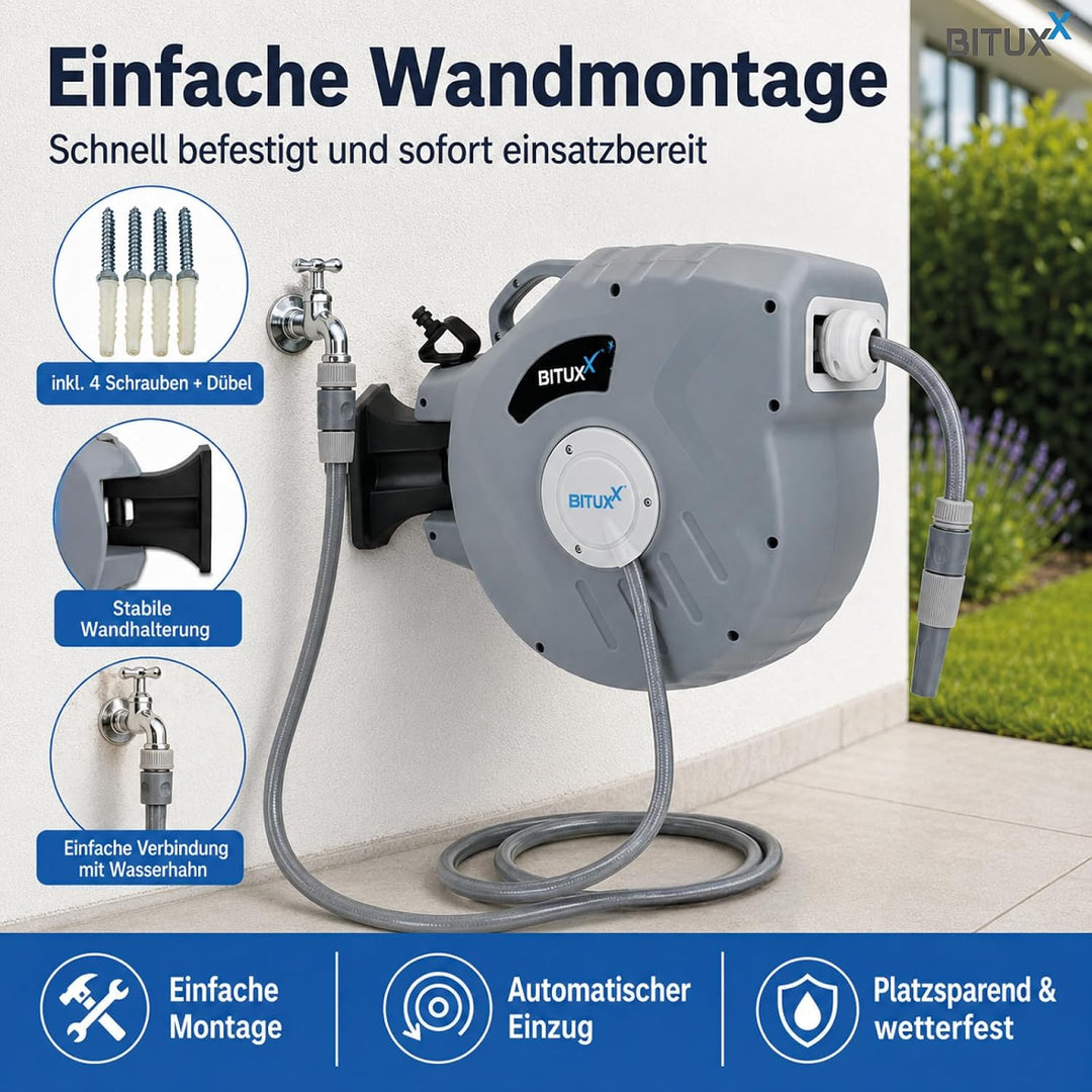 Bituxx Wand Wasser Schlauchtrommel Schlauchaufroller Wasserschlauchaufroller Schlauchbox Automatik (
