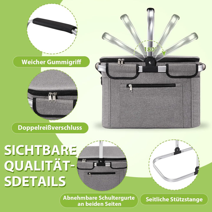 OUSFOT Einkaufskorb, 30L Picknickkorb Mutti Korb Faltbar Grau mit Deckel Perfekt für Shopping, Pickn