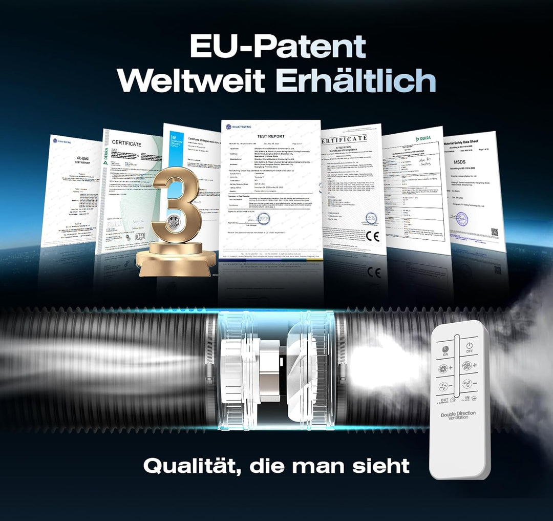 Bidirektionaler Rohrventilator 100mm, 6 Stufen, Fernbedienung – Leistungsstarker Leise Rohrlüfter mi