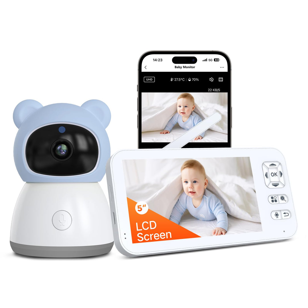 ACEBELL 2K Babyphone mit Kamera, PTZ 360° 5'' WLAN Video Babyphone mit App, 4×Zoom, Automatische Ver