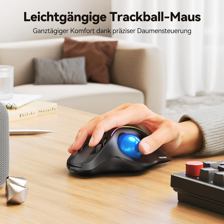 TECKNET Kabellose Trackball-Maus, Ergonomische Maus mit Bluetooth und verschlüsseltem Dongle, 6 Tast