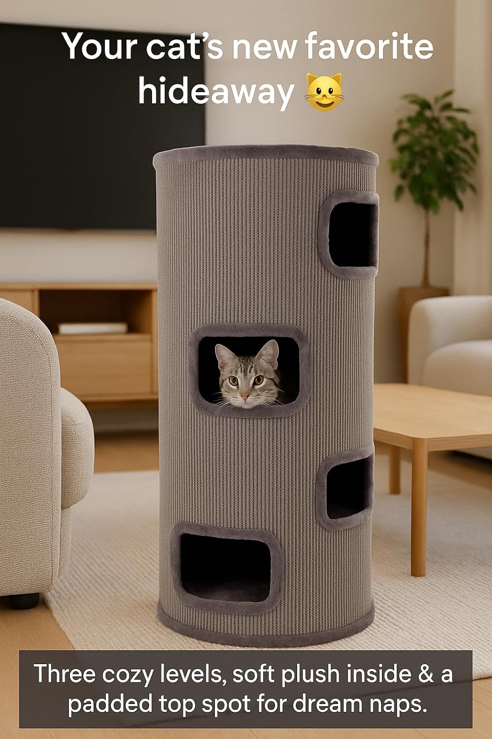 kratztonne für Katzen – Flamingo Enes S – 56 cm – Ø 42 cm – Sisal &amp; Plüsch – kompakt Grau 56 cm – Ø