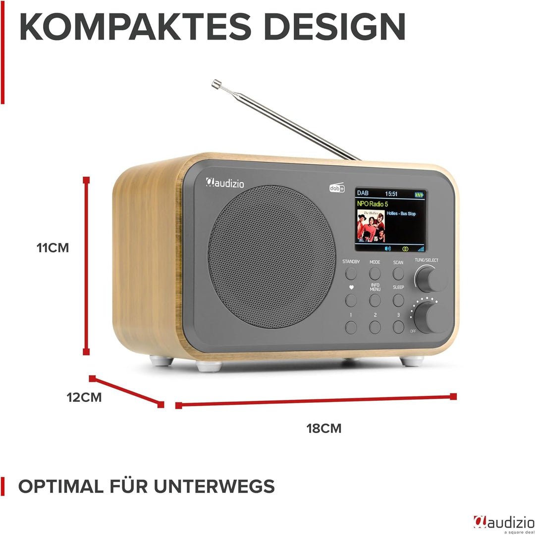 Audizio Milan DAB Radio mit Bluetooth, 10 Stunden Akku Radio 2000 mAh, Radiowecker mit Sleeptimer, L