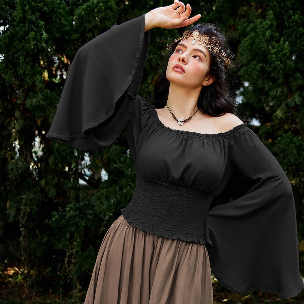 SCARLET DARKNESS Damen Renaissance Trachtenbluse Schulterfrei Gesmokte Mittelalter Shirt L Schwarz,