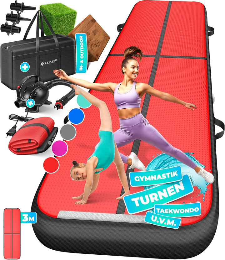 KESSER® Turnmatte Aufblasbar Airtrack Fitness-Matte Gymnastikmatte | inkl. Tragetasche & elektr. Luf