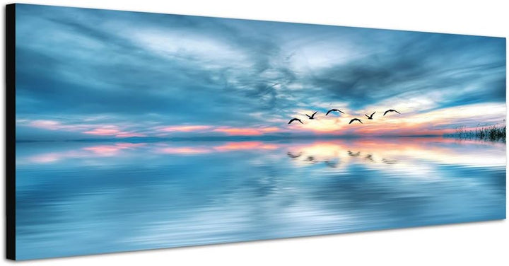 Paul Sinus Art Panoramabild auf Leinwand und Keilrahmen 150x50cm Meer Himmel Wolken Vögel