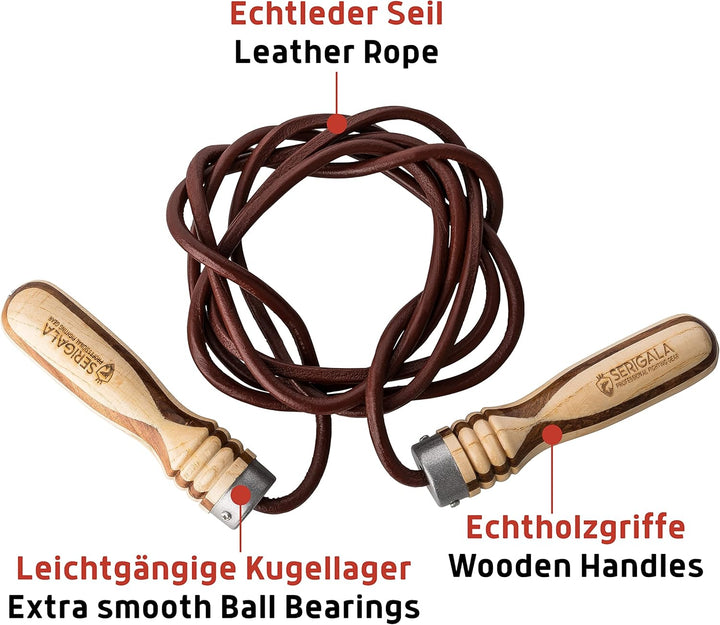 Serigala Profi Springseil aus Leder mit Holzgriffen - Lederspringseil mit Kugellagern und Gewichten