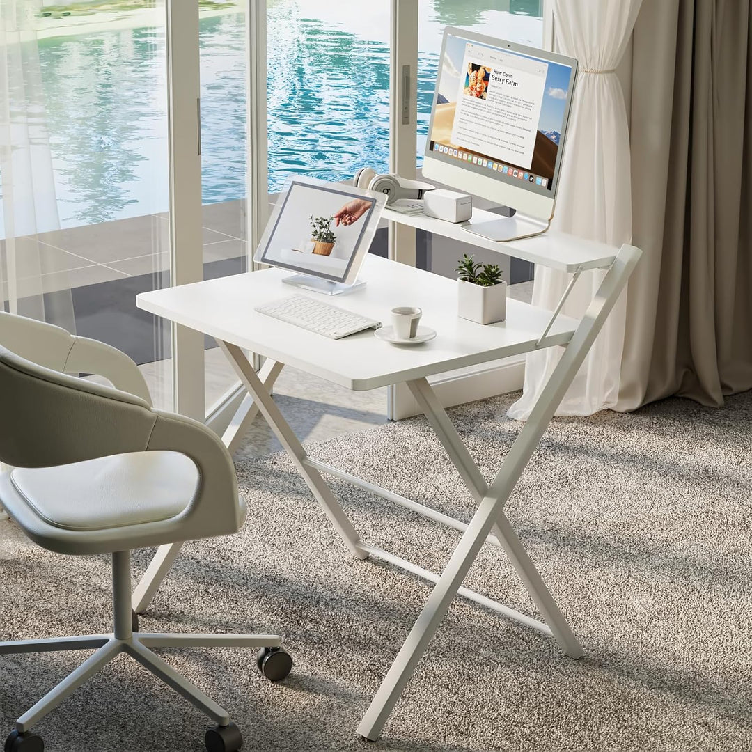 GreenForest Schreibtisch Klappbar für Kleine Räume, Klappbarer Schreibtisch mit Regal, Keine Montage