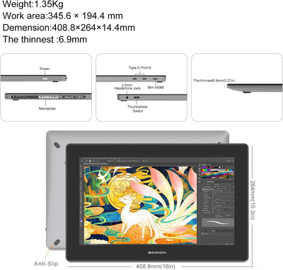 GAOMON PD1621 4K Grafiktablett mit Display,15,6 Zoll 4K IPS Stift-Display, Ideal für Malerei, Fotobe