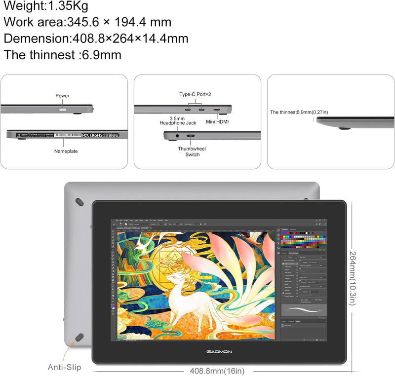 GAOMON PD1621 4K Grafiktablett mit Display,15,6 Zoll 4K IPS Stift-Display, Ideal für Malerei, Fotobe