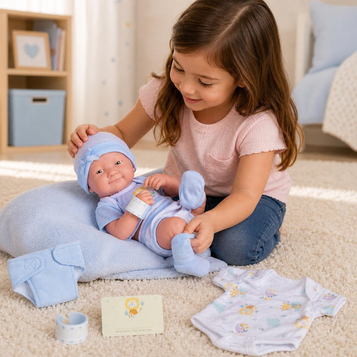 JC TOYS - La Newborn Neugeborene, 38 cm, weiches Vinyl, inkl. Kleidung und 8 Accessoires, Blau, entw