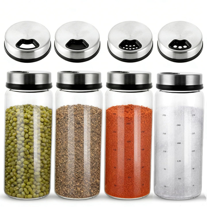 4 Stück Gewürzgläser mit Drehdeckel, 300ml Gewürzstreuer Glas, Borosilikatglas Gewürzstreuer, Salz u