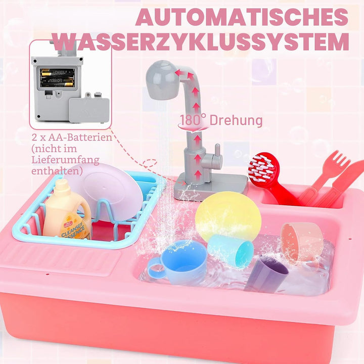 deAO Kinderspielset Pretend Kitchen Sink mit simuliertem Wasserhahn und enthaltenem Küchenzubehör -