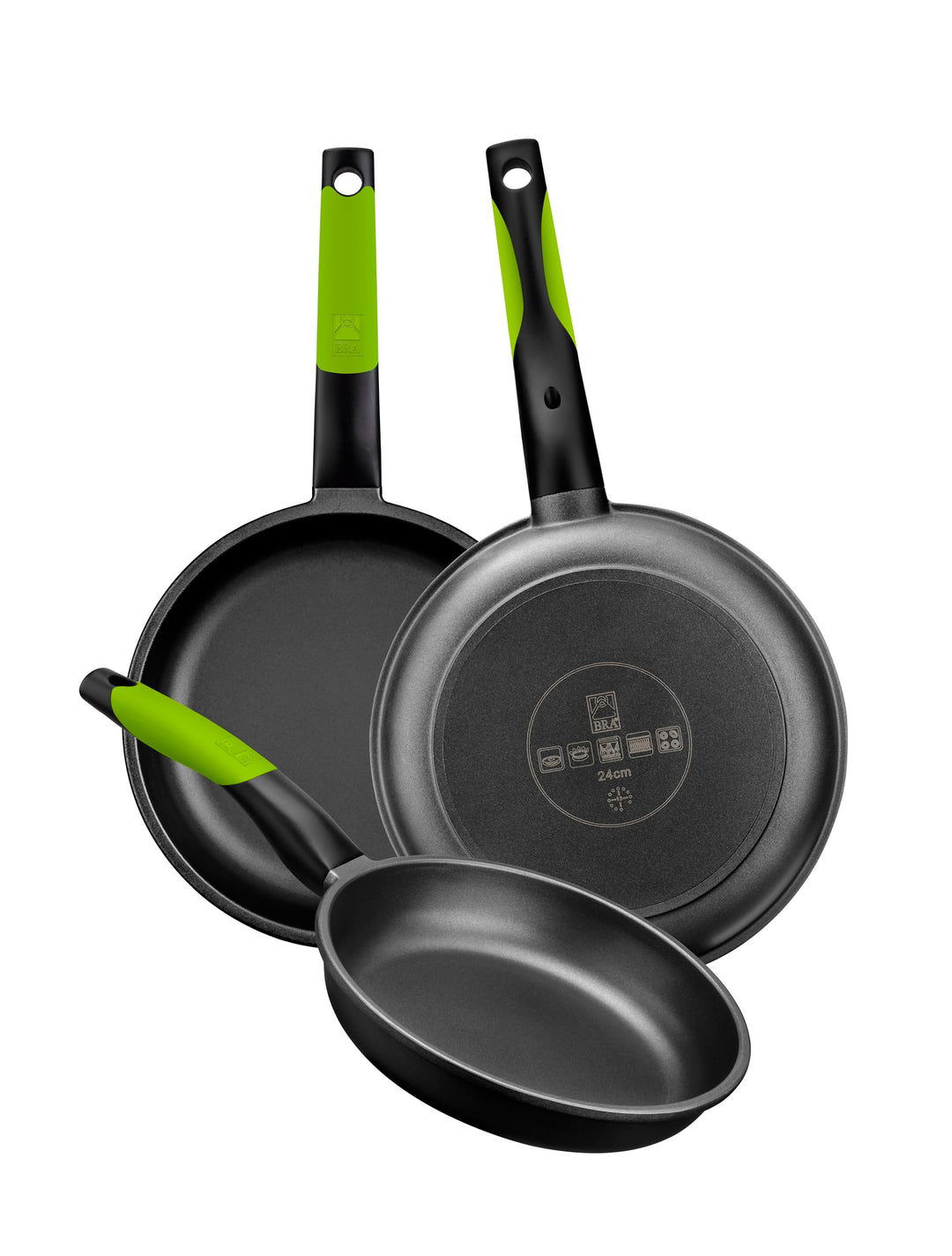 BRA Prior | Set mit 3 Bratpfannen, 18–22–26 cm, antihaftbeschichtetes Aluminiumguss, mit zwei sicher