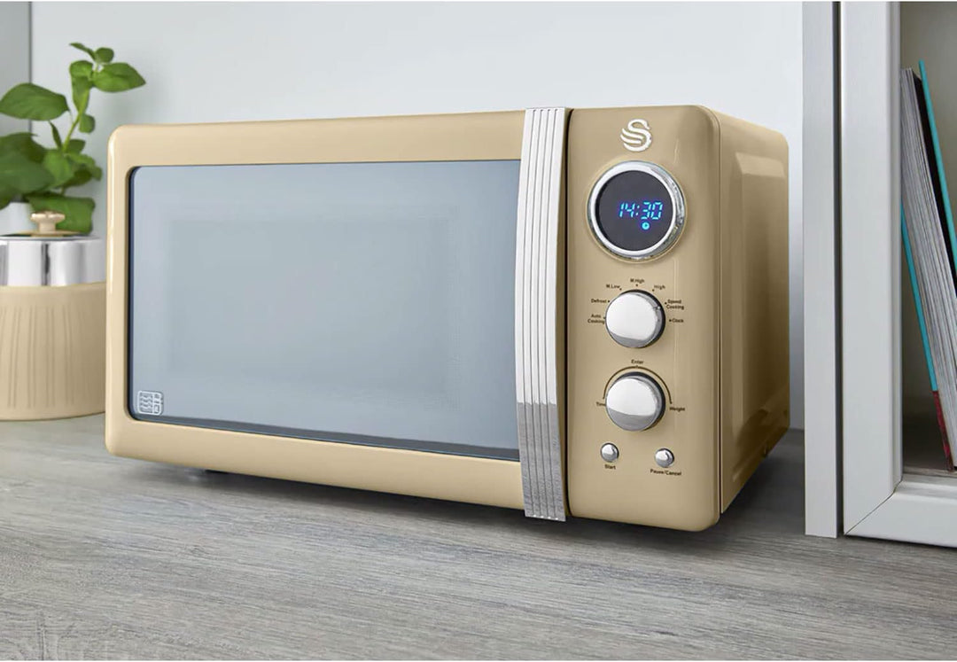 Swan Retro SM22030CNEU Digital Mikrowelle 20L, 5 Leistungsstufen, Auftaufunktion, 60 Minuten Timer,