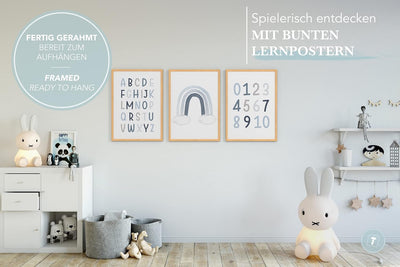 Papierschmiede® Kinderbilder 3er Set Lernposter, A3 gerahmt in Holzrahmen (Natur), Geschenk für Jung