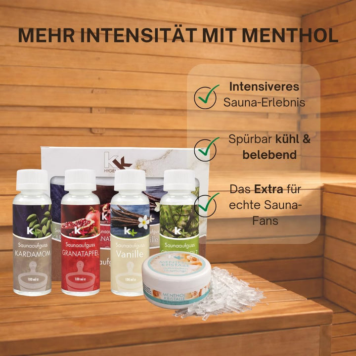 Sauna Set | KK Saunaaufgussset 4 x 100 ml + 50g Mentholkristalle | Saunakonzentrat + Menthol-Kristal