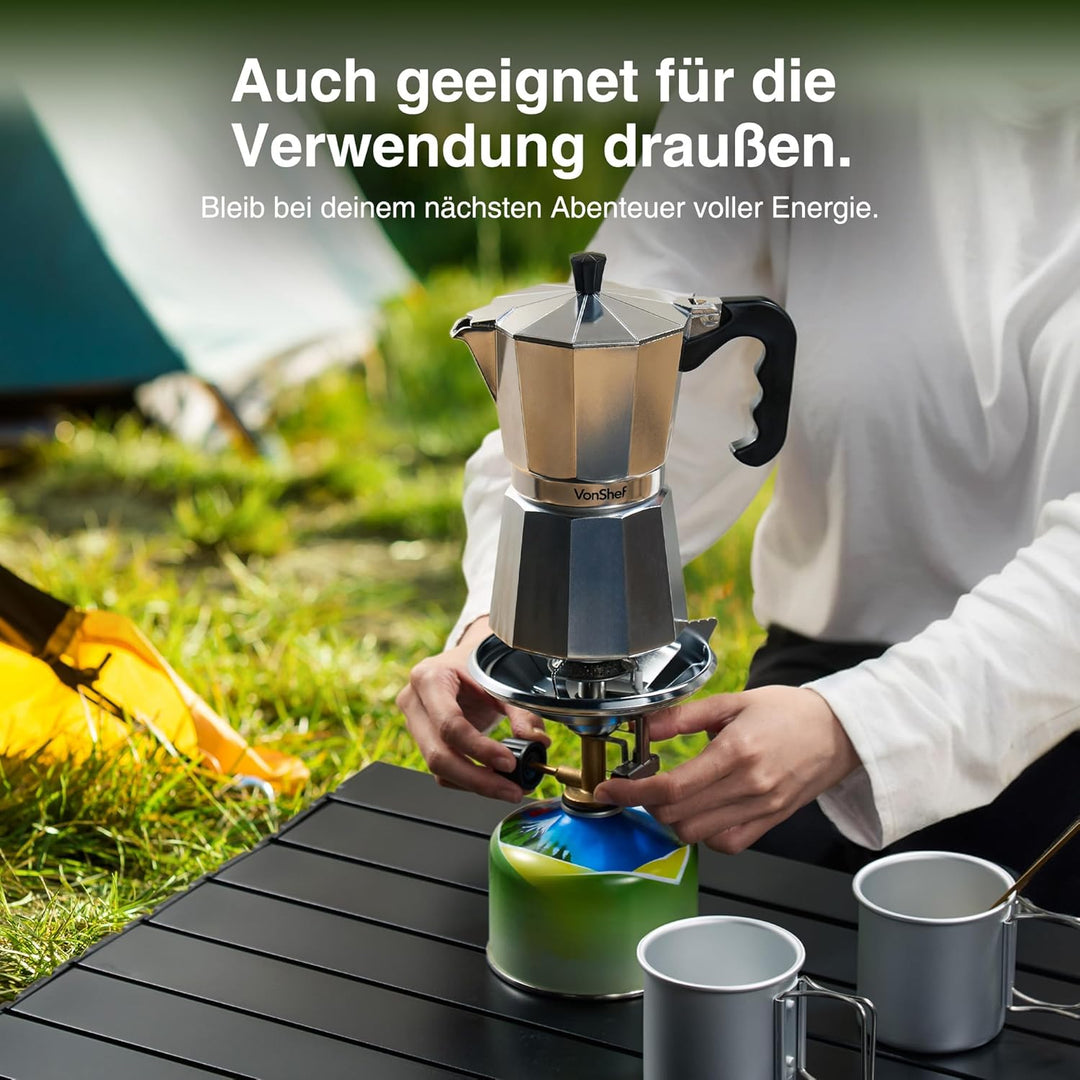 VonShef Espressokanne für den Herd, Italienischer Espressokocher aus Aluminium für Gas- & Elektroher